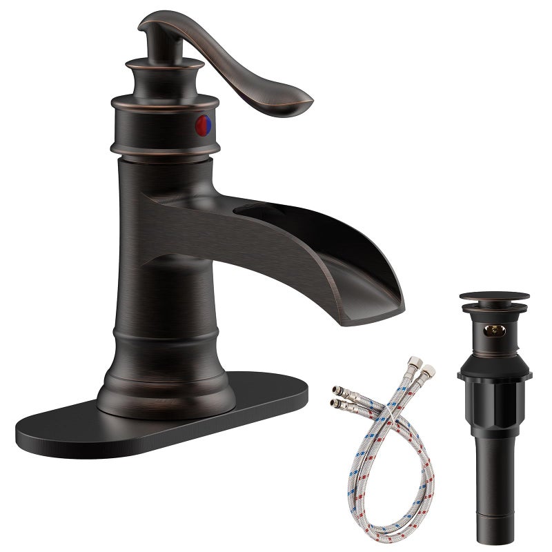 Homevacious Waterfall Bathroom Faucet Oil Rubbed Bronze Sink with Pop Up Drain Stopper Faucets Single Hole Rustic Vanity Farmhouse Overflow One Handle Bath Black Commercial Assembly by Homevacious - Image 1